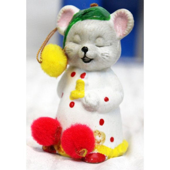 VTG 80s Porcelain Sleepy Christmas Mouse Ornament Bell Pom-Pom Slipper Tree Gift - Picture 2 of 10